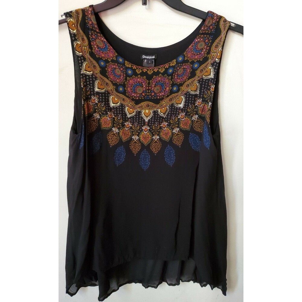 Desigual Womens Sleeveless viscose vented Tunic Top L Black & Gold Print
